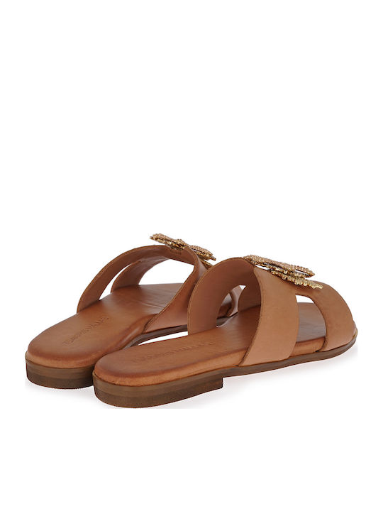 Leather Women's Flat Sandals in Tabac Brown Color