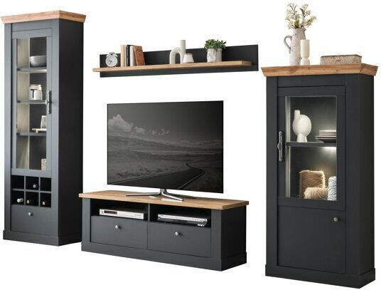 Unitate TV pentru sufragerie Levbalu 120 Γραφίτης, Δρυς Wotan, Γκρι cu vitrină și iluminare