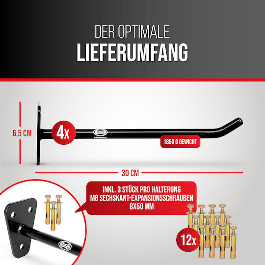 Set suport perete pentru anvelope Heyner, suport jante, 4 piese, inclusiv 12 șuruburi de expansiune M8, 3x4 suport perete pentru anvelope auto, depozitare jante auto