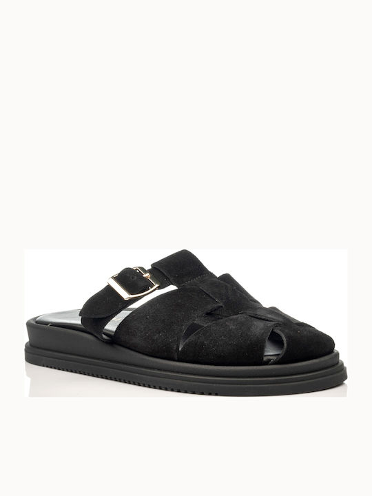 Suede Mules με Τακούνι σε Μαύρο Χρώμα