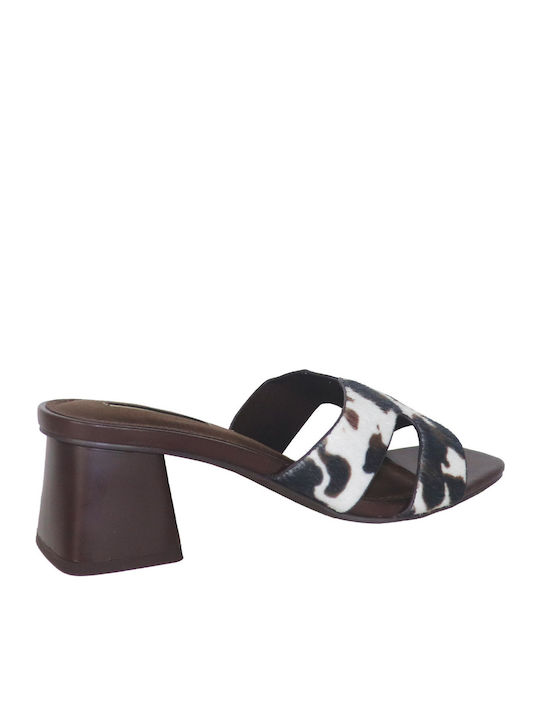 Leather Mules with Low Heel in Brown Color