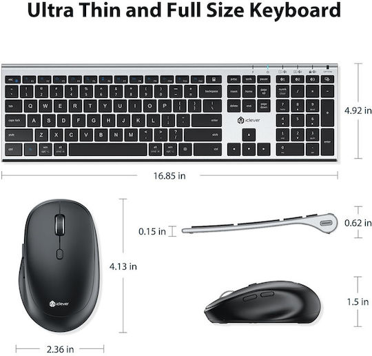 iClever BK23 Kabellos Bluetooth Tastatur & Maus Set Englisch US