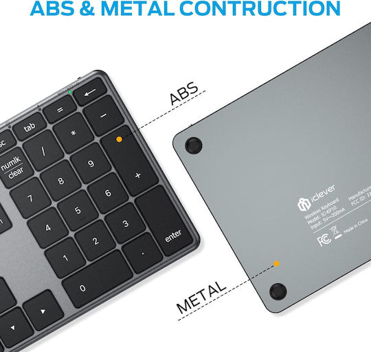 iClever IC-KP10 Ασύρματο Bluetooth Αριθμητικό Πληκτρολόγιο Γκρι