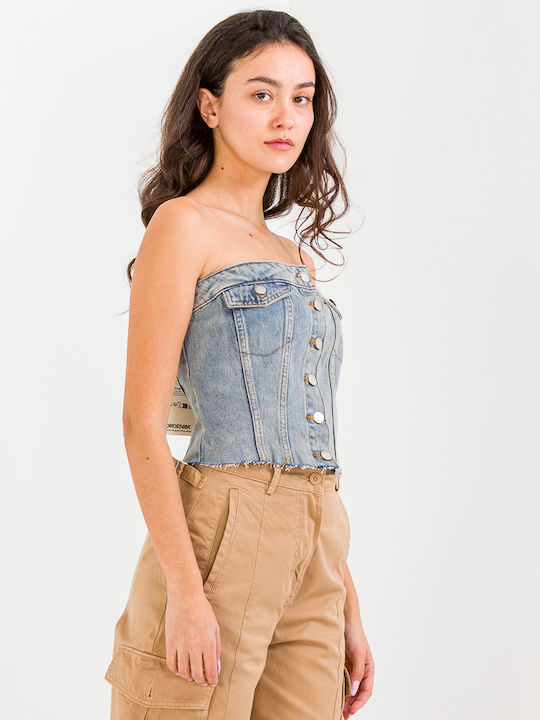 Women's Blouse Cotton Strapless Blue