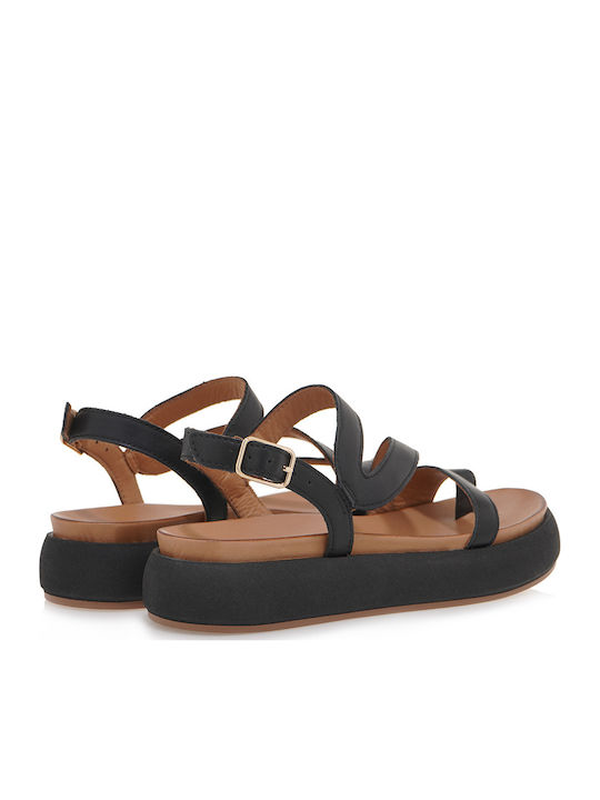 Leather Women's Flat Sandals Flatforms in Black Color
