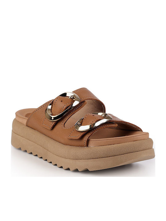 Δερμάτινα Γυναικεία Ανατομικά Σανδάλια Flatforms Καφέ
