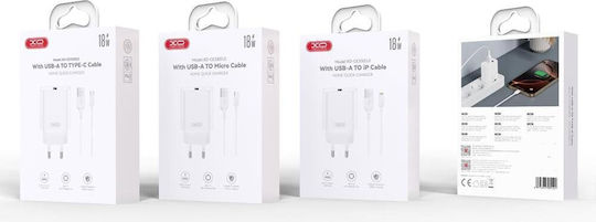 XO Φορτιστής με Θύρα USB-A και Καλώδιο micro USB 18W Quick Charge 3.0 Λευκός (CE33)