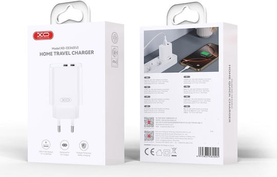 XO Φορτιστής με 2 Θύρες USB-A και Καλώδιο micro USB 12W Λευκός (CE34)