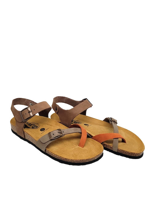 Leather Women's Flat Sandals Khaki Coral Brown