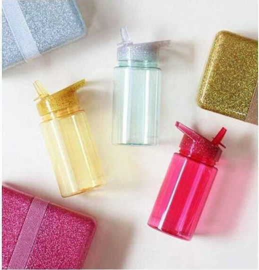 A Little Lovely Company Glitter Παιδικό Παγούρι Πλαστικό με Καλαμάκι Ασημί 450ml