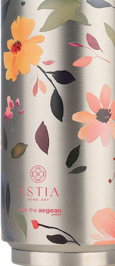 Estia Travel Cup Save the Aegean Recyclable Thermos Bottle Stainless Steel / Plastic BPA Free 500ml Silver Botanic with Straw