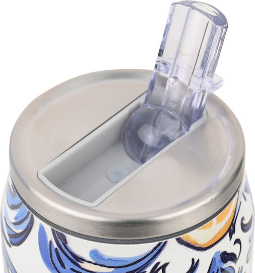 Estia Travel Cup Save the Aegean Recyclable Glass Thermos Stainless Steel / Plastic BPA Free 500ml Amalfi Coast with Straw