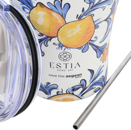 Estia Coffee Mug Save The Aegean Recyclable Glass Thermos Stainless Steel BPA Free 350ml Amalfi Coast with Straw