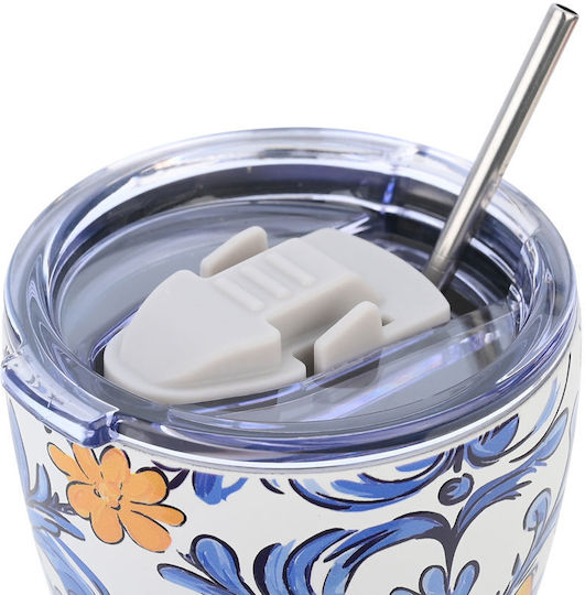 Estia Coffee Mug Save The Aegean Recyclable Glass Thermos Stainless Steel BPA Free 350ml Amalfi Coast with Straw