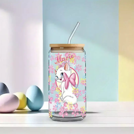 Γυάλινο Ποτήρι Καπάκι Καλαμάκι Marie Aristocats