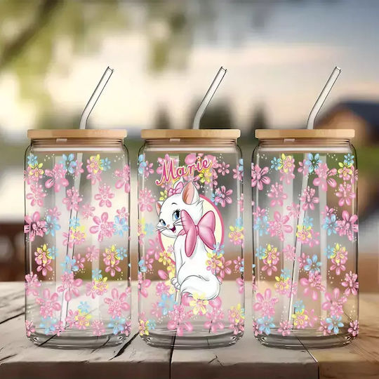 Glasbecher mit Deckel und Strohhalm Marie Aristocats