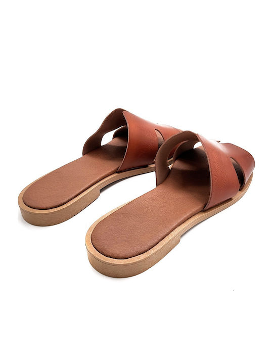 Leather Women's Flat Sandals in Tabac Brown Color