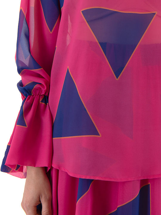 Women's Blouse Long Sleeve Blue-fuchsia