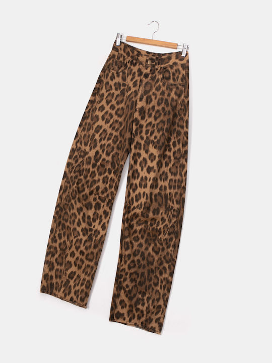 Women's High-Waisted Animal Print Trousers Brown Brown