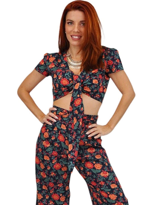 Women's Blue Set with High-waisted Pants Floral
