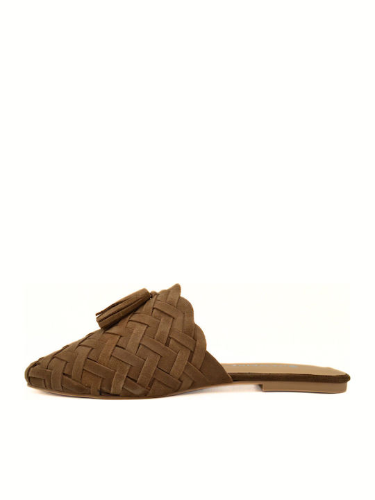 Flat Suede Mules in Tabac Brown Color