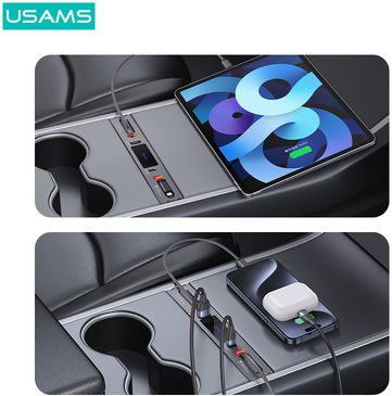 Usams Φορτιστής Αυτοκινήτου Us-sj649 Tesla 3/y 2x Καλώδια Usb/usb-c Θύρες 60w Γκρι Sj649hub01