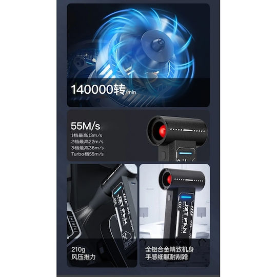 Suflantă portabilă de aer 200W Indicator baterie piramidă Ventilator turbo 130000 RPM 4 niveluri de putere 4000 mAh W05GT