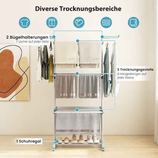 Costway Folding Floor Clothes Drying Rack Metallic with Wheels 127x63cm