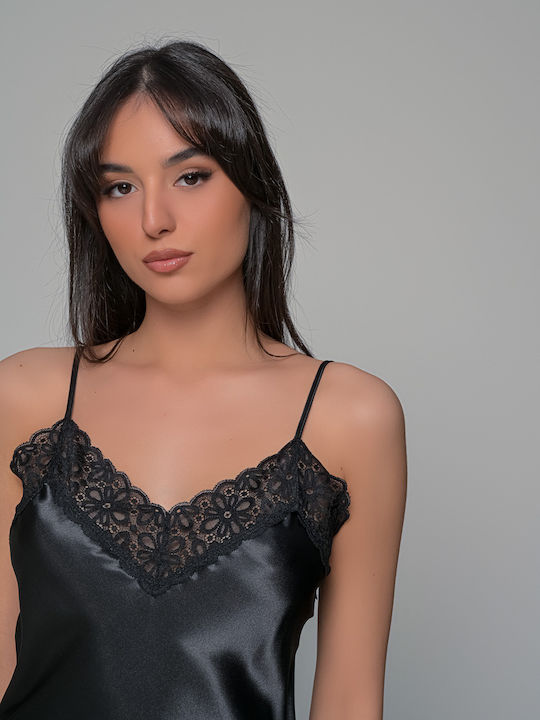 Milena by Paris Καλοκαιρινό Σατέν Γυναικείο Νυχτικό με String Μαύρο