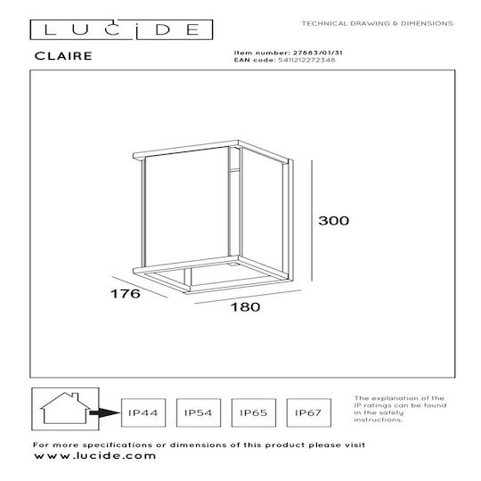 Lucide Lightning Claire Стенно Външно Осветително Тяло E27 IP54