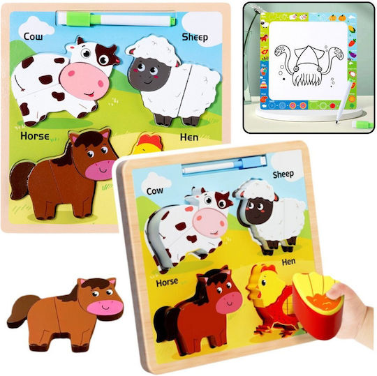 2-in-1 Wooden Educational Puzzle Board Domestic Animals Marker