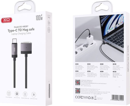 XO Плетена USB 2.0 Кабел USB-C мъжки - Magsafe 3 100W Черен 2м (16.005.0374)