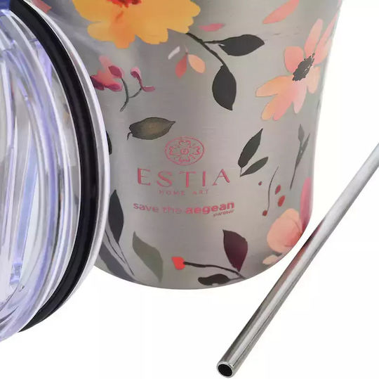 Estia Coffee Mug Save The Aegean Recyclable Glass Thermos Stainless Steel BPA Free 350ml Silver Botanic with Straw