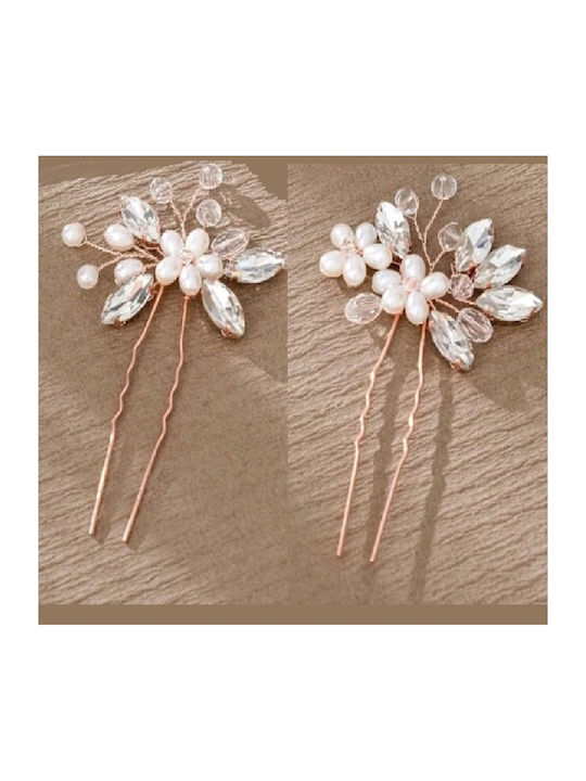 Σετ Νυφική Φουρκέτα 2 Τμχ Κρύσταλλα Flowers Rose Gold