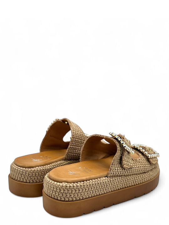 Leather Women's Flat Sandals Flatforms in Tabac Brown Color