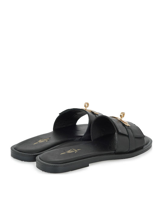 Leather Women's Flat Sandals in Black Color