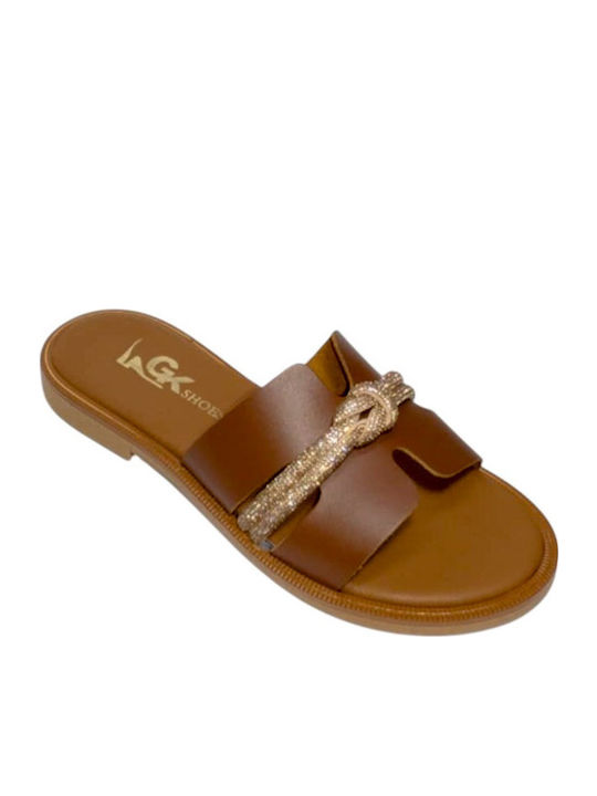 Leather Women's Flat Sandals in Tabac Brown Color