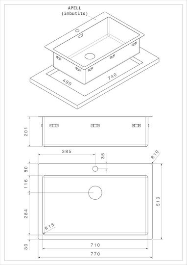 Apell Linear Plus LNP77 Ένθετος Νεροχύτης Inox Σατινέ Μ77xΠ51cm Ασημί