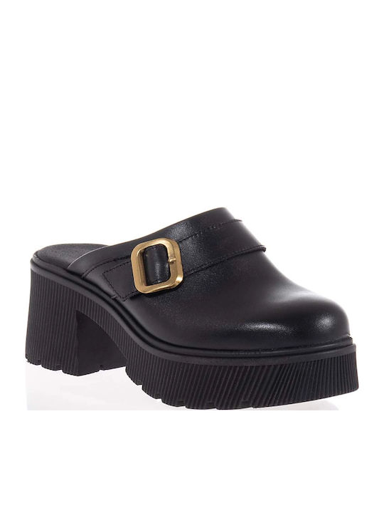 Leather Mules with Chunky High Heel in Black Color