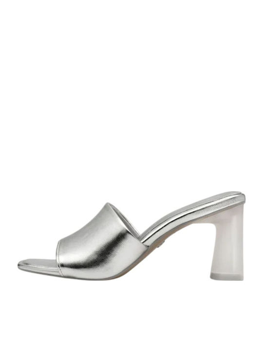 Leder Mules mit Chunky Hoch Absatz in Silber Farbe