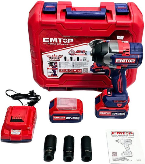 Emtop ECIWL2085 Brushless Impact Wrench Battery 20V 2x4Ah with Socket 1/2"
