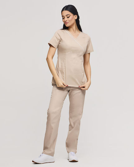 Ayo Nami Femei Set Pantaloni și Bluza Medicală Bej din Bumbac și Poliester
