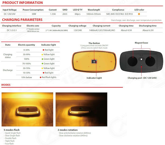 Rechargeable LED Beacon Orange 12V 24V Magnet 30.5cm X 15.7cm X 5.9cm