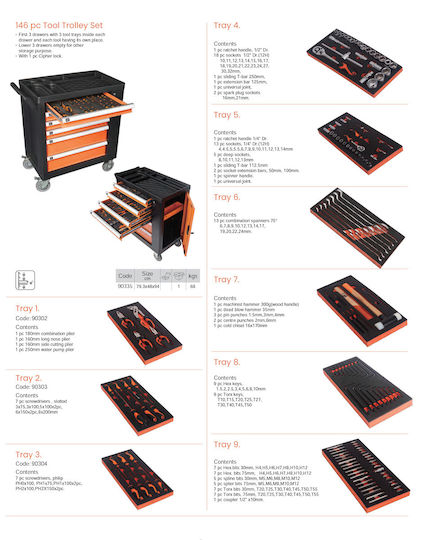 Kendo Wheeled Metallic Tool Carrier with 6 Drawers W76.5xD45.5xH74cm