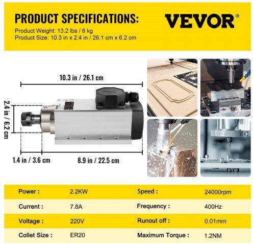 Vevor Air-Cooled Motor 2.2kw CNC 220v Er20 24000 RPM Engraving Milling Fldj2.2kwer200001v7