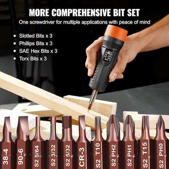 Torque Screwdriver Adjustable Torque 1.13-7.91 Nm 1/4" Chrome Vanadium 12 Bits