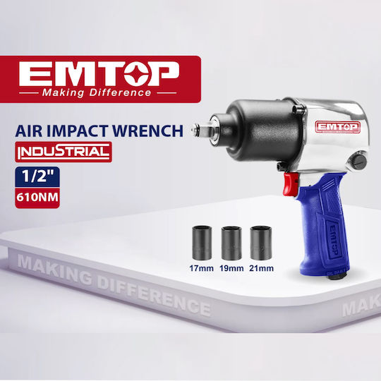 Emtop 610nm Аероударен ключ 1/2" с Максимален Въртящ Момент 62.2кгм