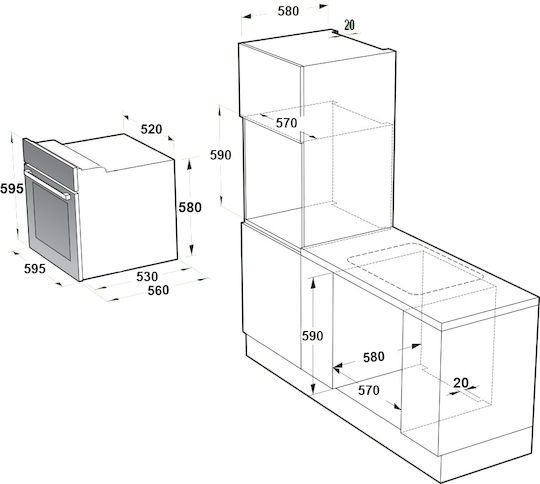 MultiHome Φούρνος άνω Πάγκου 57lt με Κεραμικές Εστίες Π59.5εκ. Μαύρος