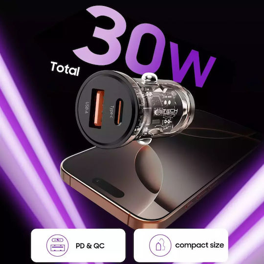 Tech-Protect Cc01 Car Charger 30W Fast Charging with Ports 1xUSB 1xType-C Black Colour