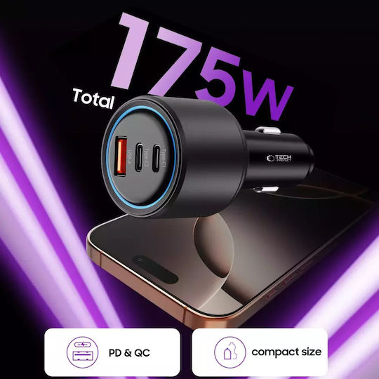 Tech-Protect Cc04 Φορτιστής Αυτοκινήτου με Θύρες: 1xUSB 2xType-C Μαύρο Χρώμα